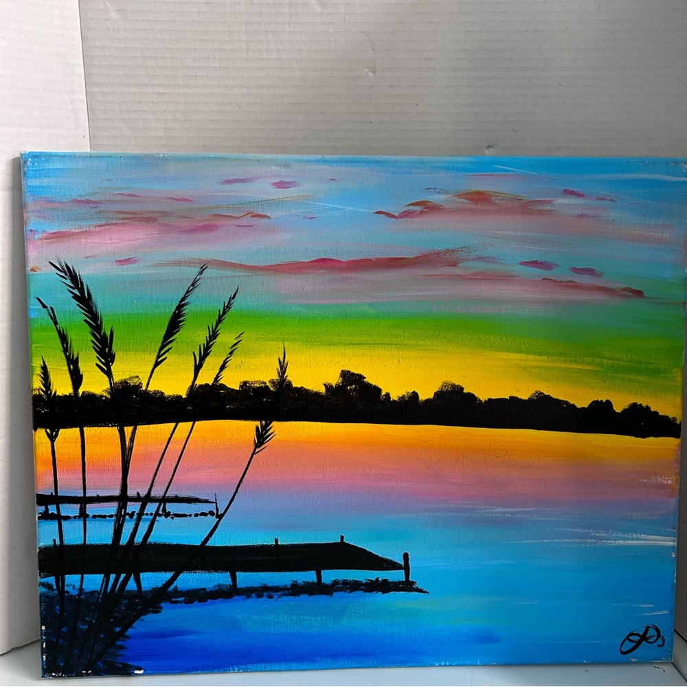 Original acrylic painting on canvas 16” x 20” - Sunset dock